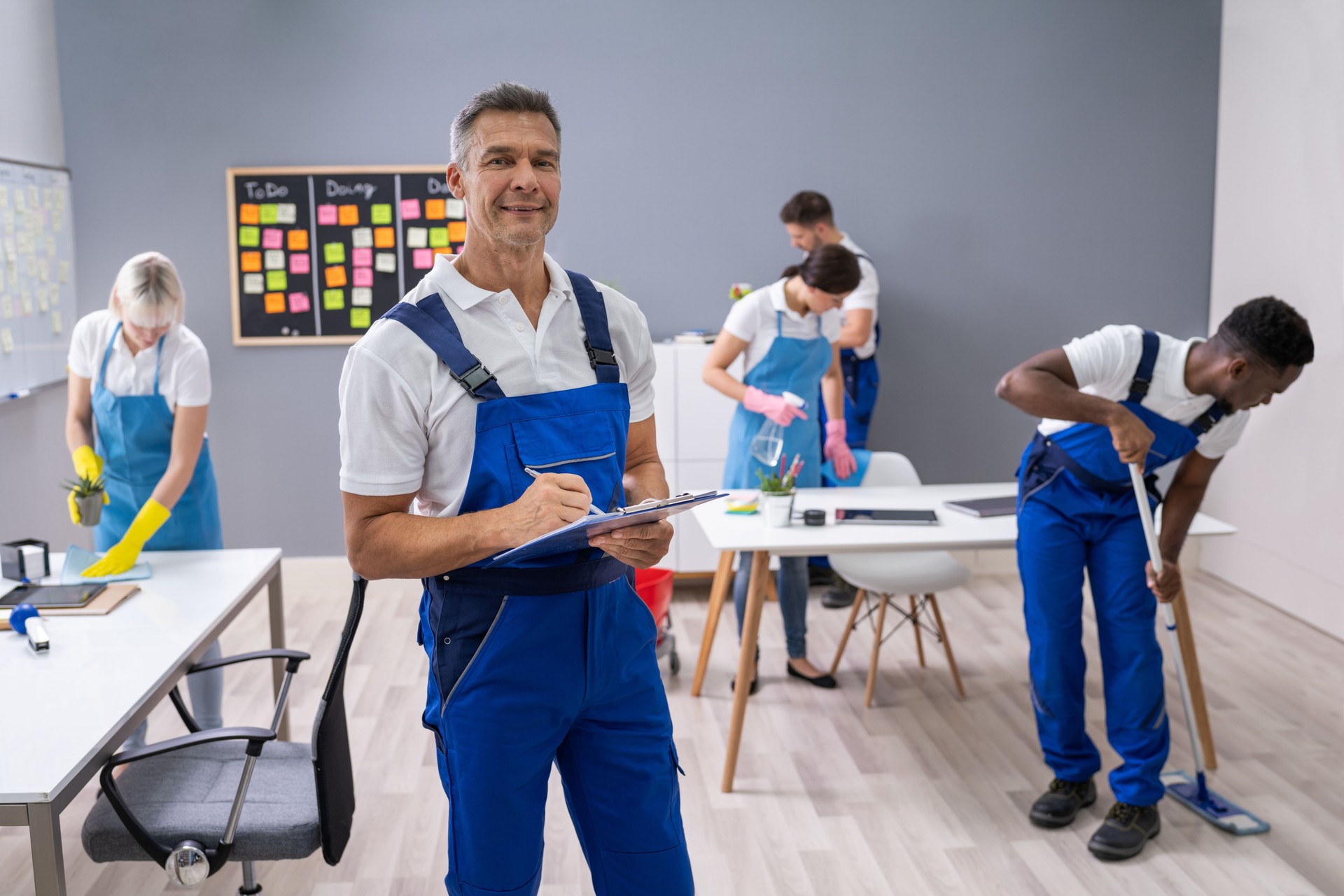 Janitor With His Team In Office